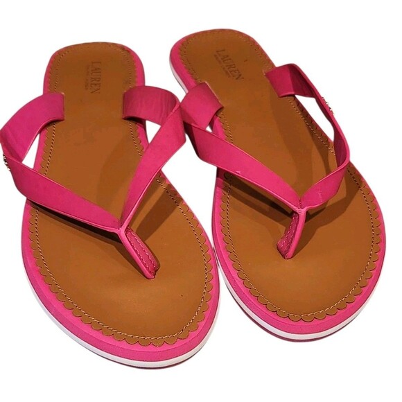 Lauren Ralph Lauren Ryanne Pink Leather Flip Flop Sandals Size 10 Summer Beach - Picture 1 of 9